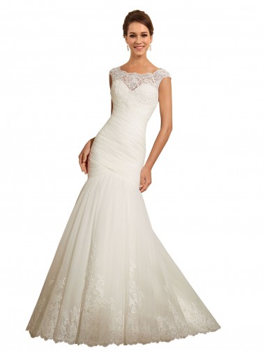 Marfil Sirena Barco Cola capilla Tul Encaje Vestidos de novia