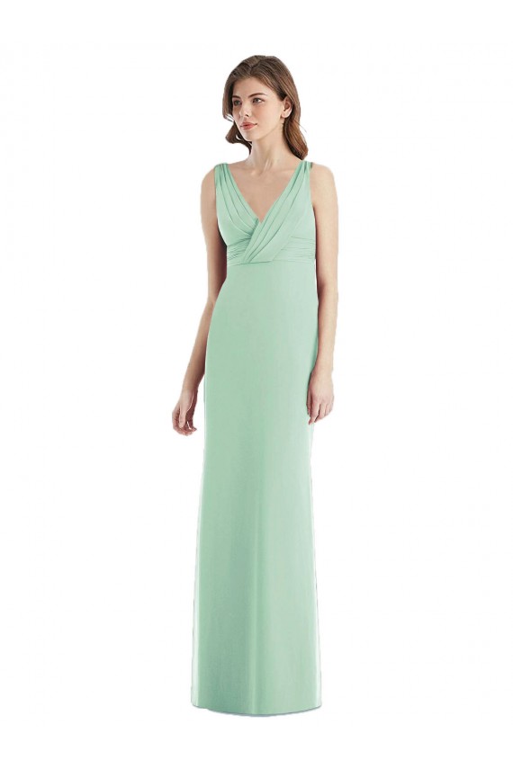 Menta Verde Trompeta Cuello en V Gasa Largo Vestidos de dama de honor