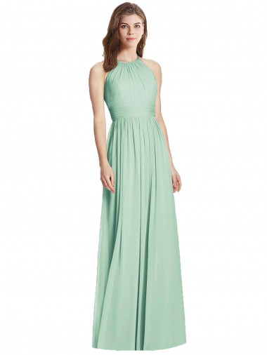 Menta Verde línea A Halter Gasa Largo Vestidos de dama de honor