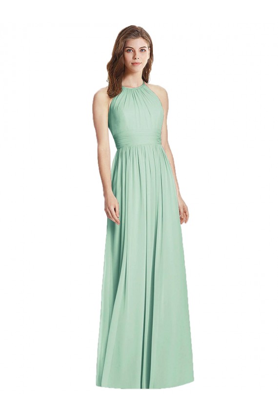 Menta Verde línea A Halter Gasa Largo Vestidos de dama de honor