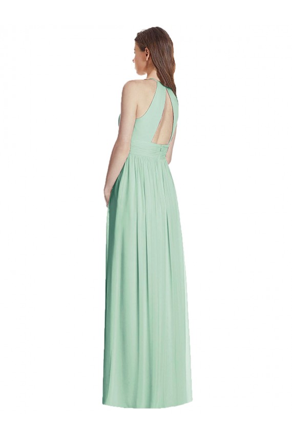 Menta Verde línea A Halter Gasa Largo Vestidos de dama de honor