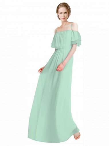 Menta Verde línea A Hombros Descubiertos Tirantes espagueti Gasa Largo Vestidos de dama de honor