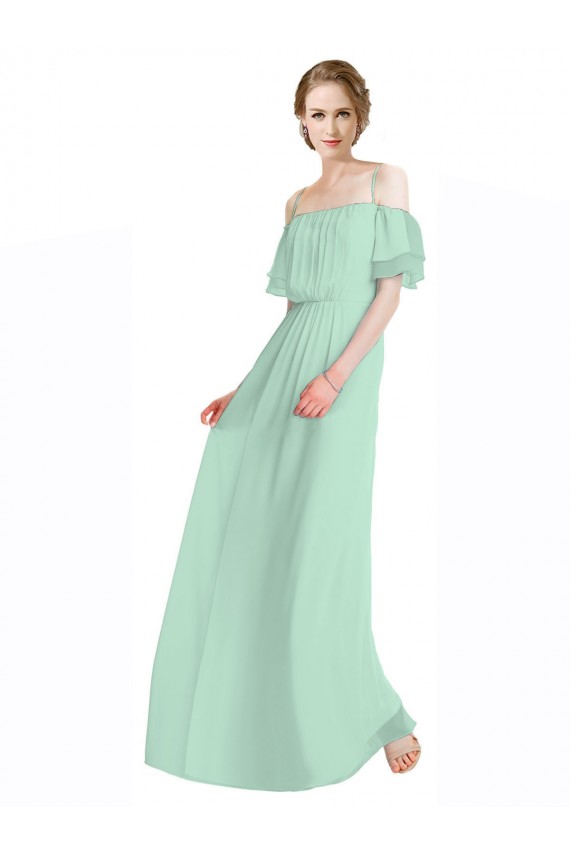 Menta Verde línea A Hombros Descubiertos Tirantes espagueti Gasa Largo Vestidos de dama de honor
