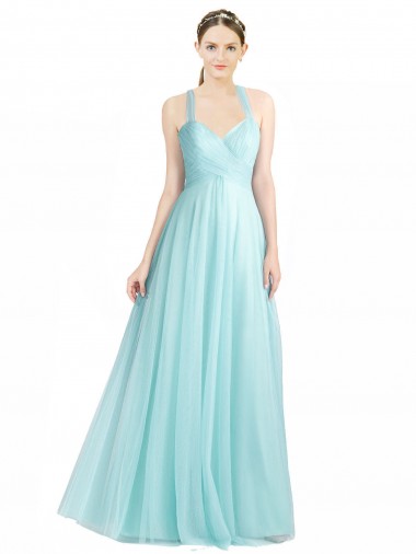 Menta Verde línea A Tirantes espagueti Tul Largo Vestidos de dama de honor