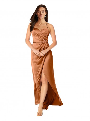 Naranja línea A Tirantes espagueti Satén sedoso Largo Asimétrico Formales Vestidos de dama de honor / Vestidos de fiesta