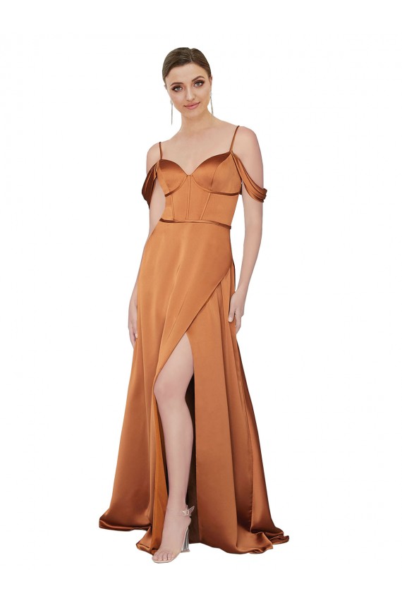 Naranja línea A Tirantes espagueti Satén sedoso Largo Formales Vestidos de dama de honor / Vestidos de fiesta
