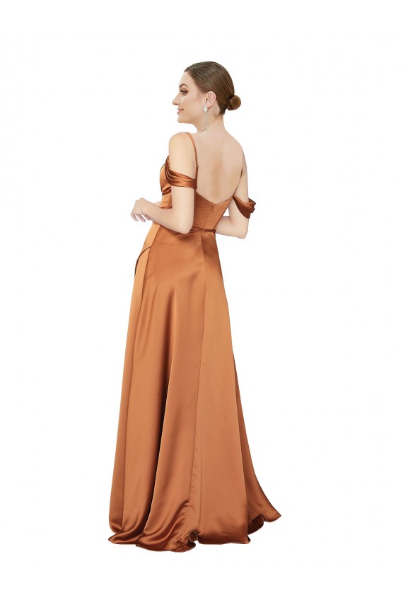 Naranja línea A Tirantes espagueti Satén sedoso Largo Formales Vestidos de dama de honor / Vestidos de fiesta