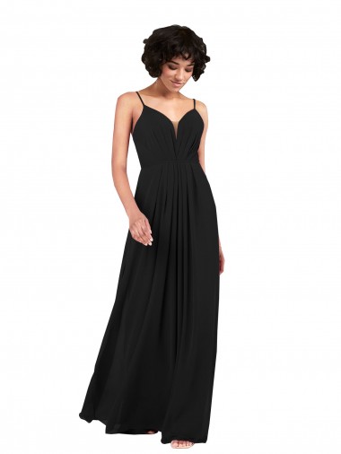 Negro Columna Cuello en V Gasa Largo Formales Vestidos de dama de honor / Vestidos de noche