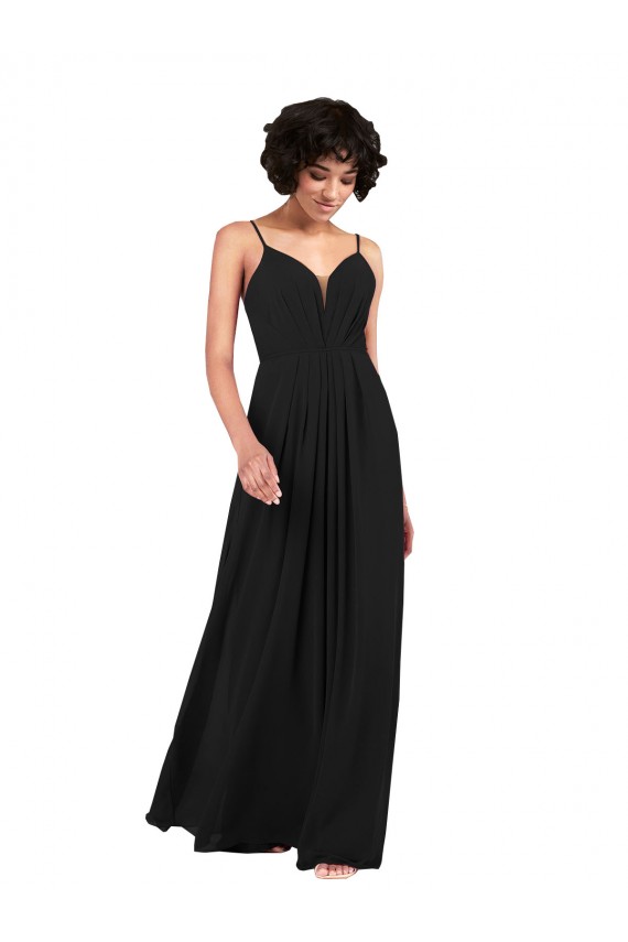 Negro Columna Cuello en V Gasa Largo Formales Vestidos de dama de honor / Vestidos de noche