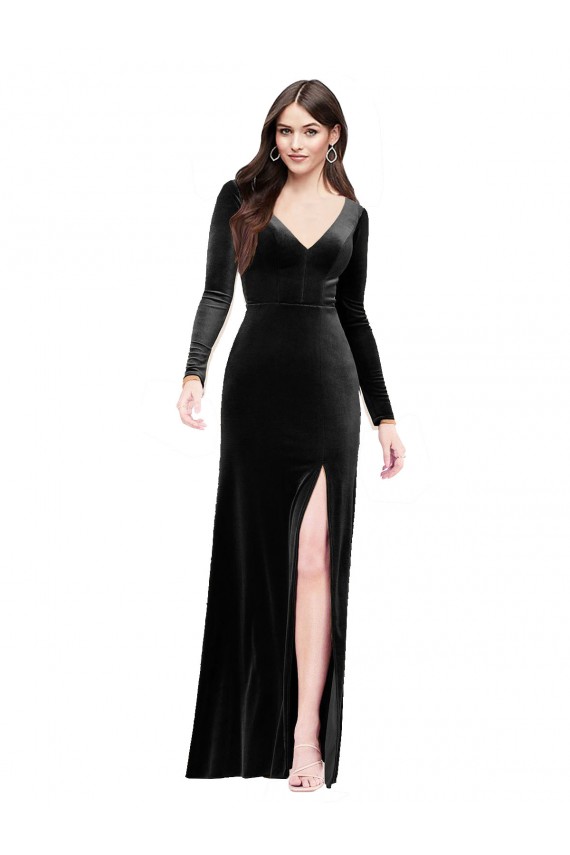 Negro Columna Cuello en V Terciopelo Elástico Largo Formales Vestidos de dama de honor / Vestidos de fiesta