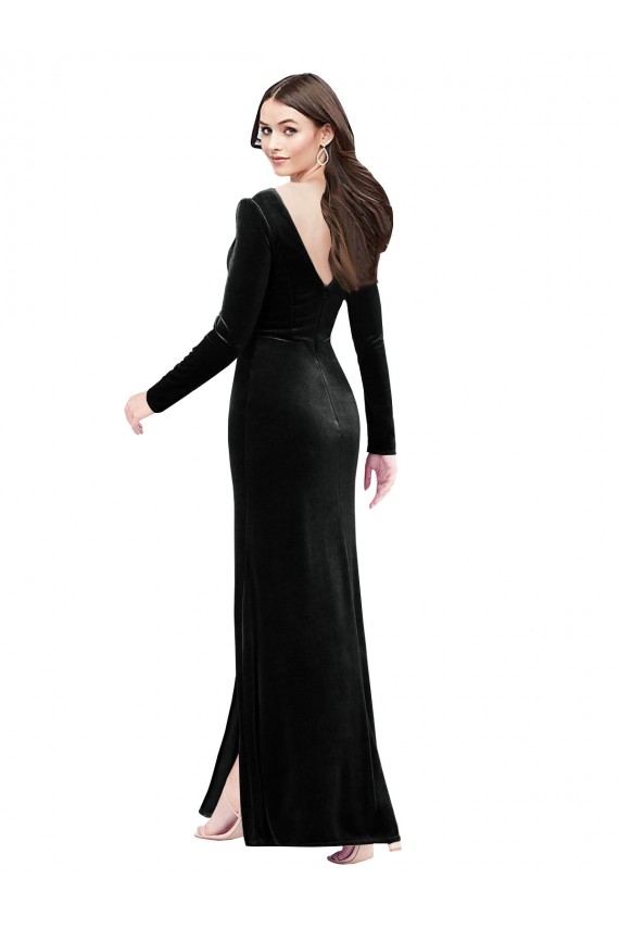 Negro Columna Cuello en V Terciopelo Elástico Largo Formales Vestidos de dama de honor / Vestidos de fiesta