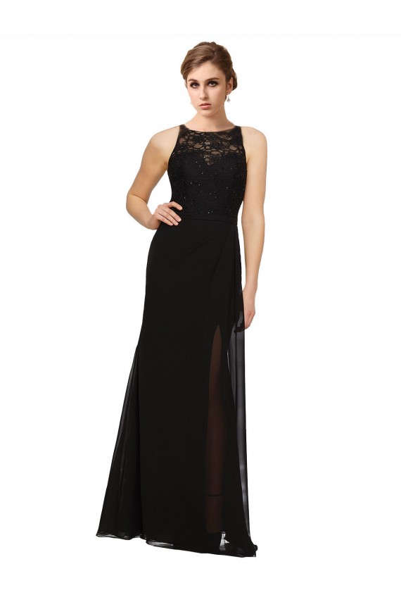 Negro Cubierta Cuello Alto Gasa Encaje Largo Vestidos de dama de honor