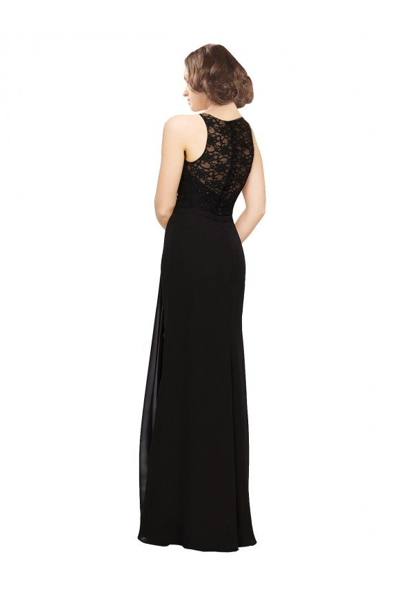 Negro Cubierta Cuello Alto Gasa Encaje Largo Vestidos de dama de honor