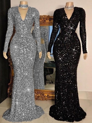 Negro Cubierta Cuello en V Barrer tren Lentejuelas Terciopelo Largo Vestidos de fiesta