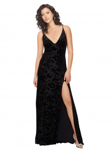 Negro Cubierta Cuello en V Terciopelo floral Terciopelo Elástico Largo Vestidos de dama de honor