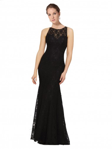 Negro Cubierta Cuello joya Encaje Largo Vestidos de dama de honor
