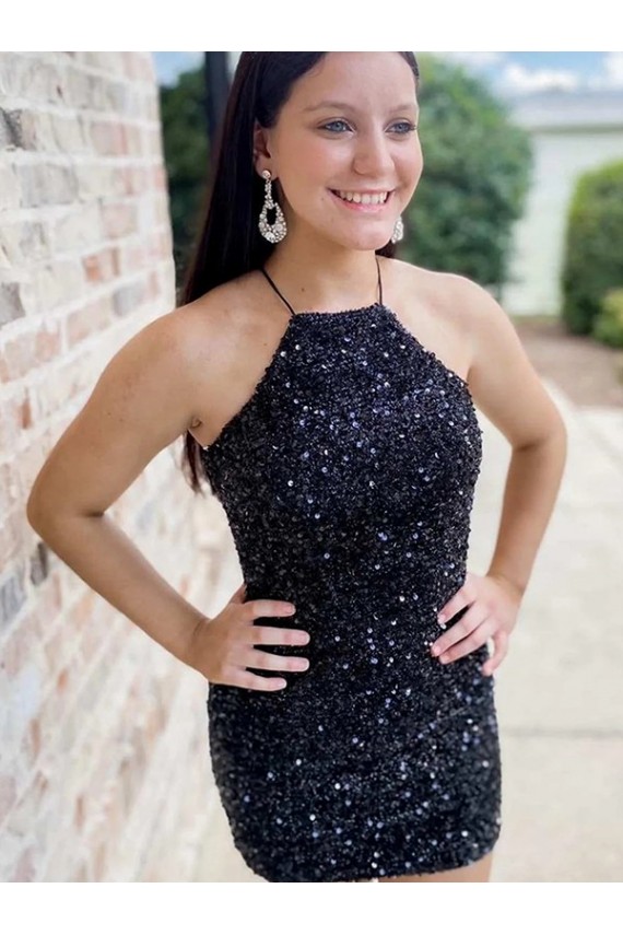 Negro Cubierta Halter Corto Lentejuelas Terciopelo Corto Vestidos de fiesta