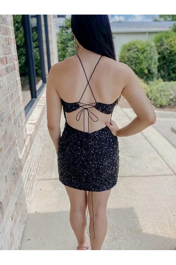 Negro Cubierta Halter Corto Lentejuelas Terciopelo Corto Vestidos de fiesta
