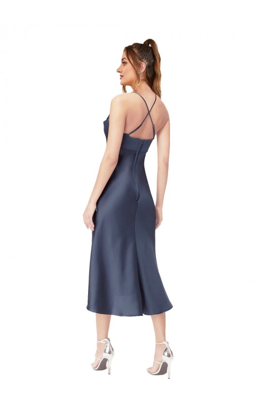 Negro Cubierta Midi Satén sedoso Corto Asimétrico Formales Vestidos de dama de honor / Vestidos de fiesta / Vestidos de cóctel
