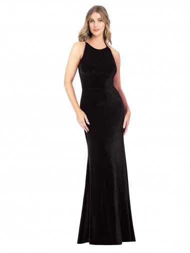 Negro Cubierta Tirantes espagueti Cuello joya Terciopelo Elástico Largo Formales Vestidos de dama de honor / Vestidos de fiesta