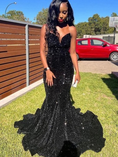 Negro Sirena Cuello de Corazón Lentejuelas Terciopelo Largo Vestidos de fiesta