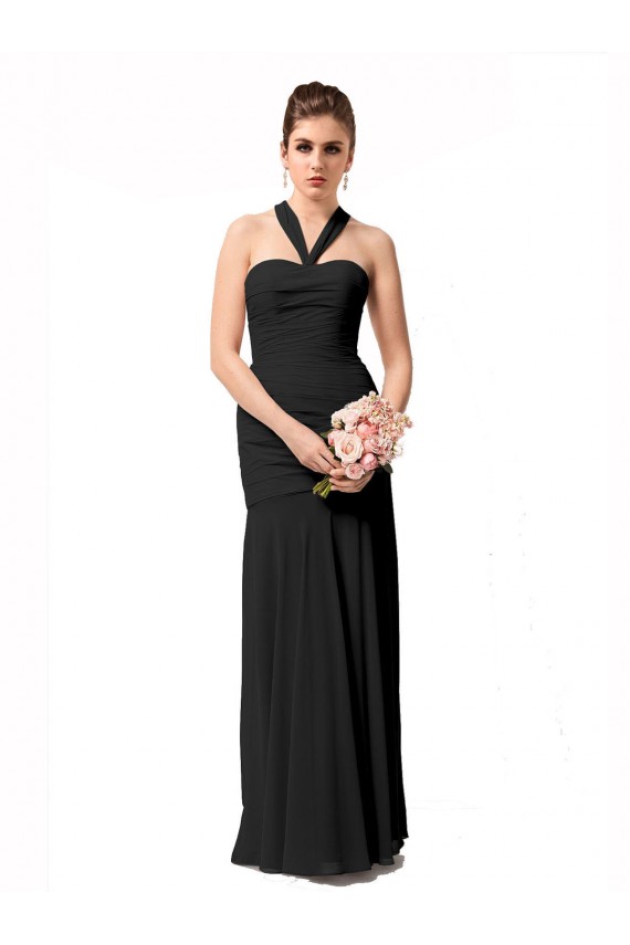 Negro Sirena Halter Gasa Largo Vestidos de dama de honor