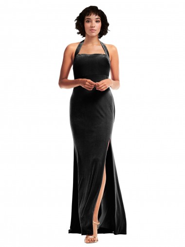 Negro Sirena Halter Terciopelo Elástico Largo Formales Vestidos de dama de honor / Vestidos de fiesta