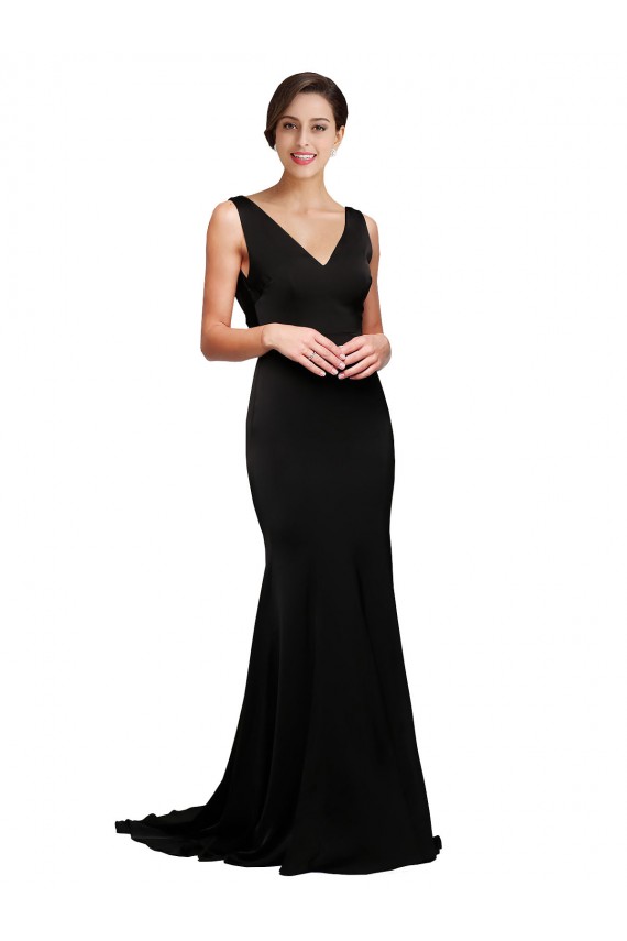 Negro línea A Cuello en V Barrer tren Satén sedoso Largo Formales Vestidos de dama de honor / Vestidos de fiesta