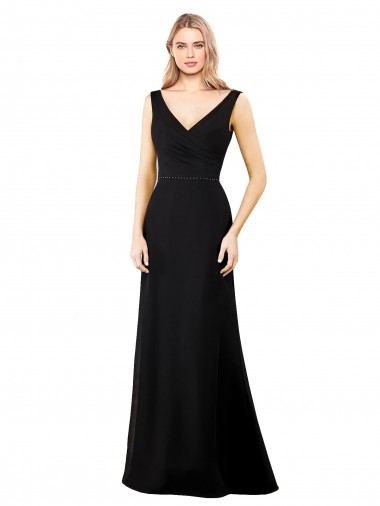 Negro línea A Cuello en V Gasa Largo Vestidos de dama de honor / Vestidos de fiesta
