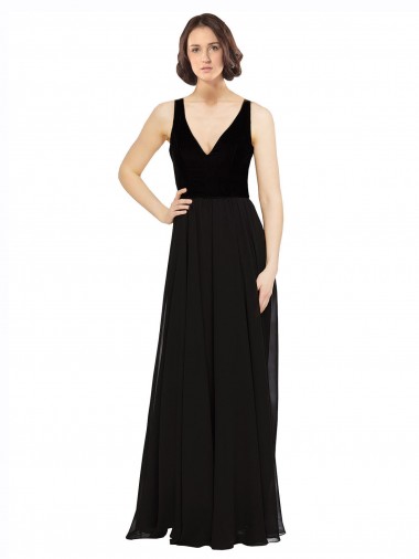 Negro línea A Cuello en V Gasa Terciopelo Largo Vestidos de dama de honor / Vestidos de fiesta