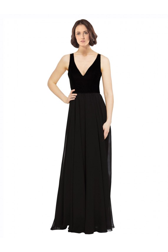 Negro línea A Cuello en V Gasa Terciopelo Largo Vestidos de dama de honor / Vestidos de fiesta