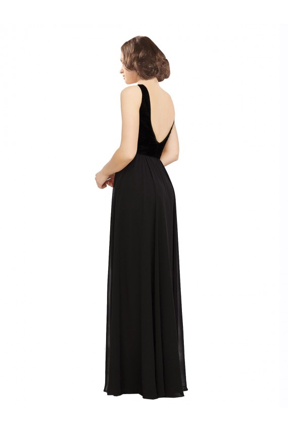 Negro línea A Cuello en V Gasa Terciopelo Largo Vestidos de dama de honor / Vestidos de fiesta