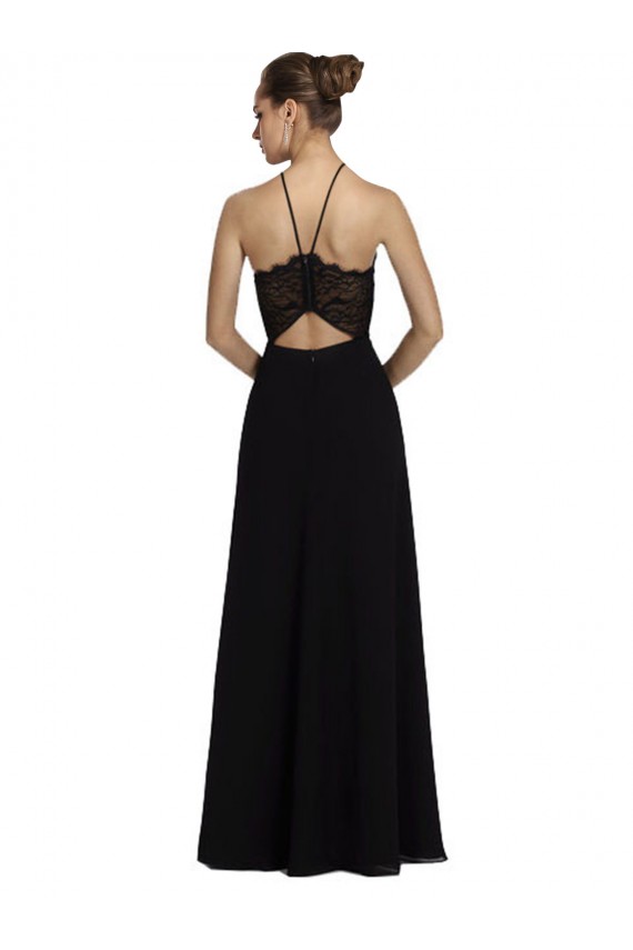 Negro línea A Halter Gasa Encaje Largo Vestidos de dama de honor