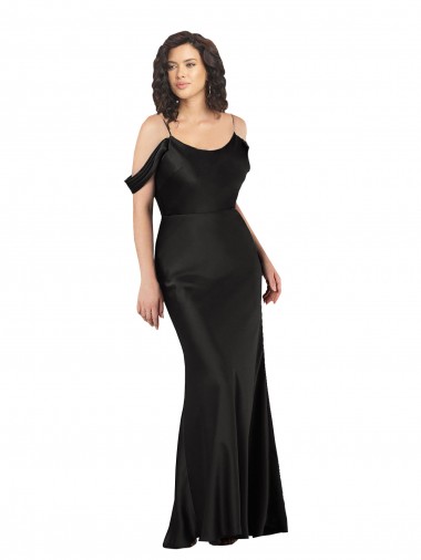 Negro línea A Hombros Descubiertos Satén sedoso Largo Formales Vestidos de dama de honor / Vestidos de fiesta