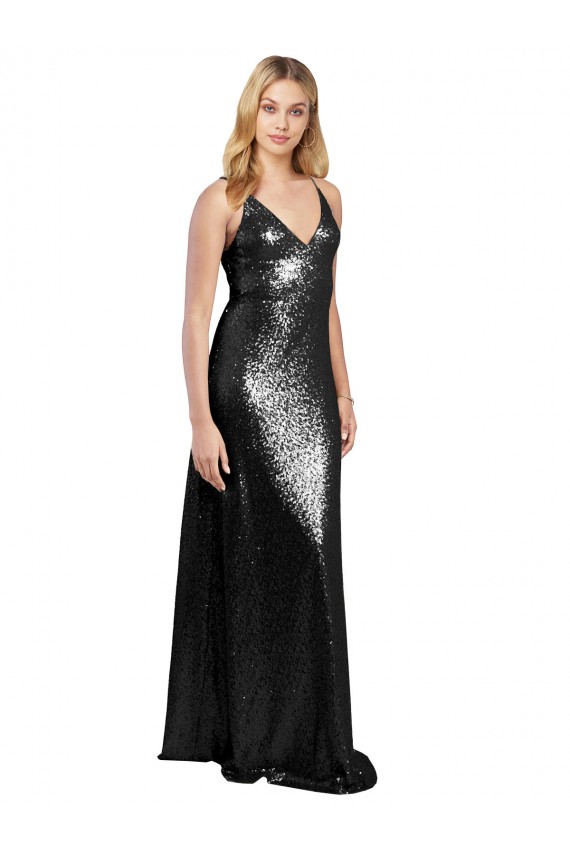 Negro línea A Tirantes espagueti Cuello en V Lentejuela Largo Formales Vestidos de dama de honor / Vestidos de fiesta