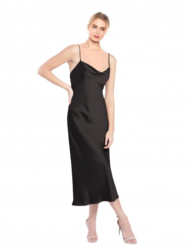 Negro línea A Tirantes espagueti Midi Satén elástico Corto Formales Vestidos de dama de honor / Vestidos de fiesta / Vestidos de cóctel