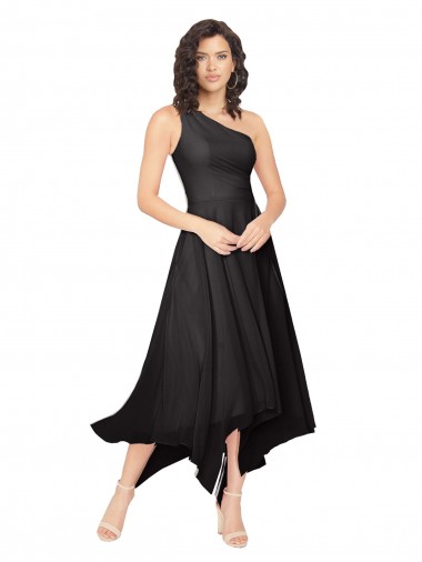 Negro línea A Un Hombre Sin tirantes Midi Gasa Corto Asimétrico Vestidos de dama de honor / Vestidos de cóctel / Vestidos para homecoming