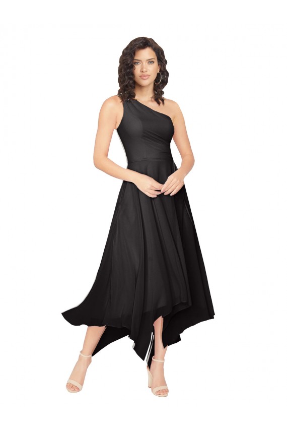 Negro línea A Un Hombre Sin tirantes Midi Gasa Corto Asimétrico Vestidos de dama de honor / Vestidos de cóctel / Vestidos para homecoming