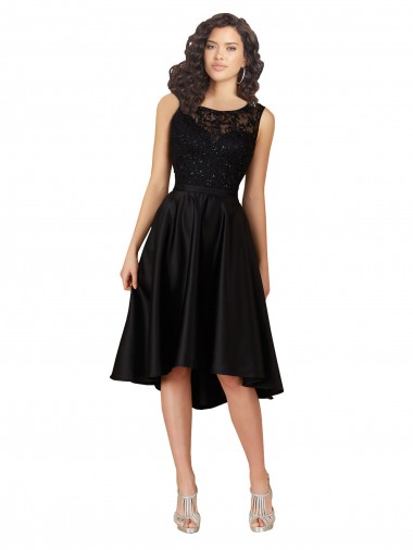 Negro línea A Ilusión Midi Satén Encaje Corto Asimétrico Vestidos de dama de honor / Vestidos de cóctel / Vestidos para homecoming