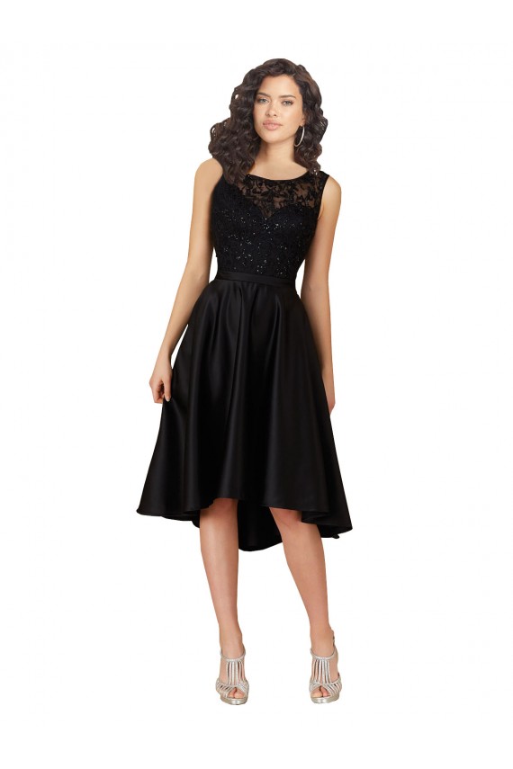 Negro línea A Ilusión Midi Satén Encaje Corto Asimétrico Vestidos de dama de honor / Vestidos de cóctel / Vestidos para homecoming