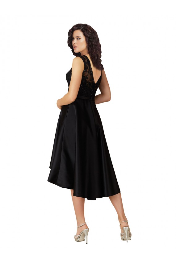 Negro línea A Ilusión Midi Satén Encaje Corto Asimétrico Vestidos de dama de honor / Vestidos de cóctel / Vestidos para homecoming