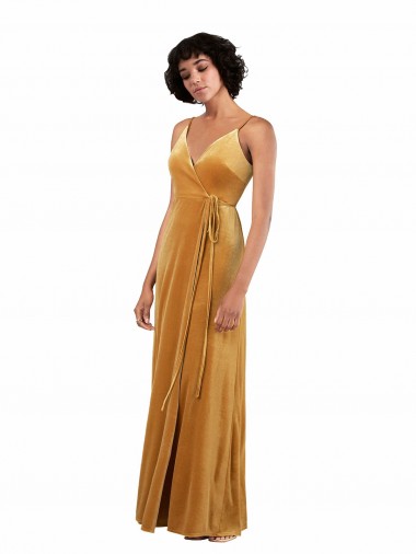 Oro Columna Cuello en V Terciopelo Elástico Largo Formales Vestidos de dama de honor / Vestidos de fiesta