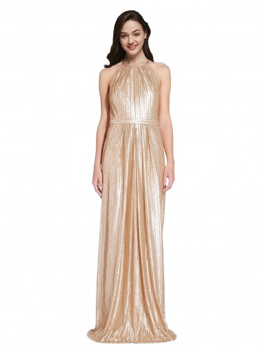 Oro Cubierta Halter Cuello Alto Lentejuela Largo Formales Vestidos de dama de honor / Vestidos de fiesta
