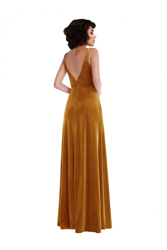 Oro Trompeta Cuello en V Terciopelo Elástico Largo Vestidos de dama de honor / Vestidos de fiesta