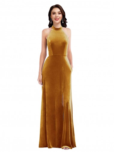 Oro Trompeta Halter Cuello Alto Terciopelo Elástico Largo Vestidos de dama de honor / Vestidos de fiesta