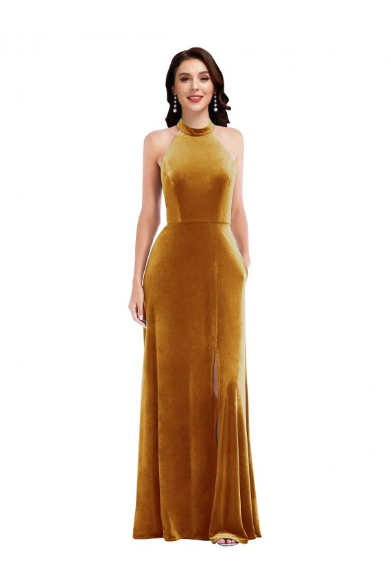Oro Trompeta Halter Cuello Alto Terciopelo Elástico Largo Vestidos de dama de honor / Vestidos de fiesta