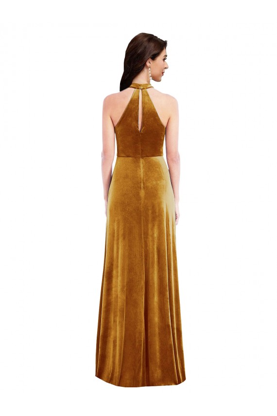 Oro Trompeta Halter Cuello Alto Terciopelo Elástico Largo Vestidos de dama de honor / Vestidos de fiesta