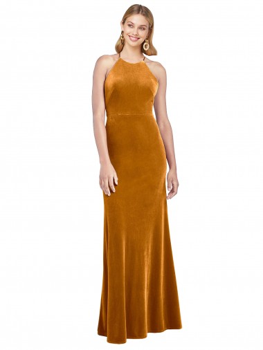 Oro línea A Halter Cuello Alto Terciopelo Elástico Largo Formales Vestidos de dama de honor / Vestidos de fiesta