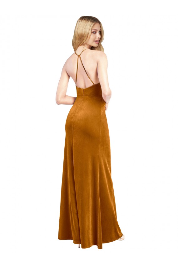 Oro línea A Halter Cuello Alto Terciopelo Elástico Largo Formales Vestidos de dama de honor / Vestidos de fiesta