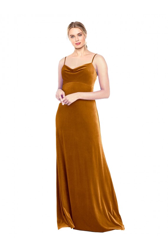 Oro línea A Tirantes espagueti Terciopelo Elástico Largo Vestidos de dama de honor / Vestidos de fiesta